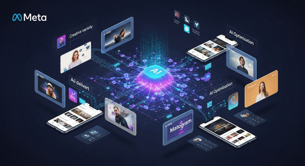 Illustration showing Meta’s new Andromeda AI system optimizing Facebook and Instagram ad delivery using machine learning technology