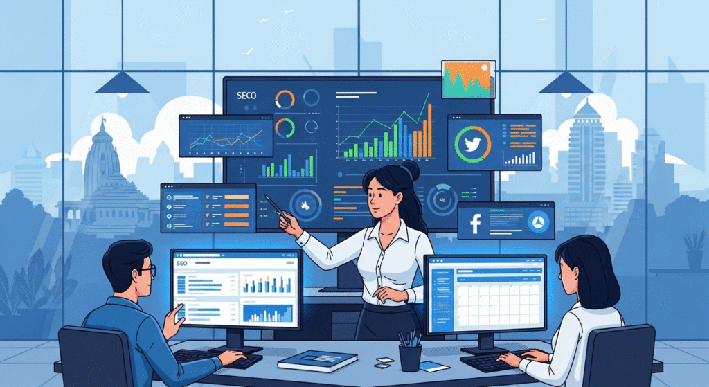 Team of digital marketers in Bhubaneswar analyzing data for SEO, social media, and online advertising campaigns.