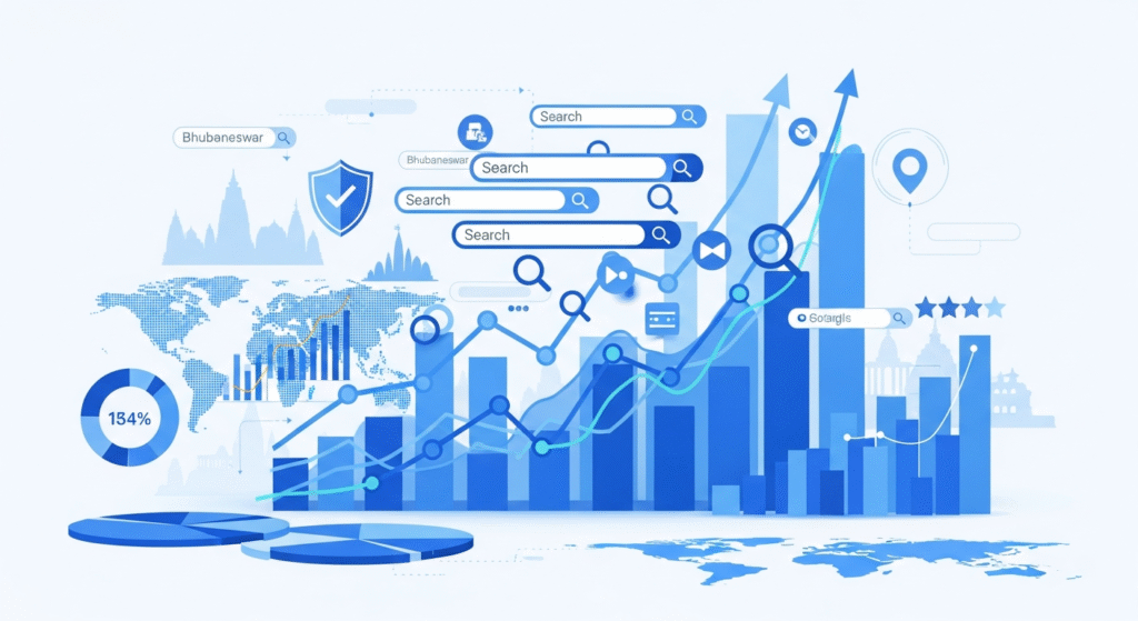Illustration showing SEO growth with search bar, ranking symbols, and rising analytics graph.