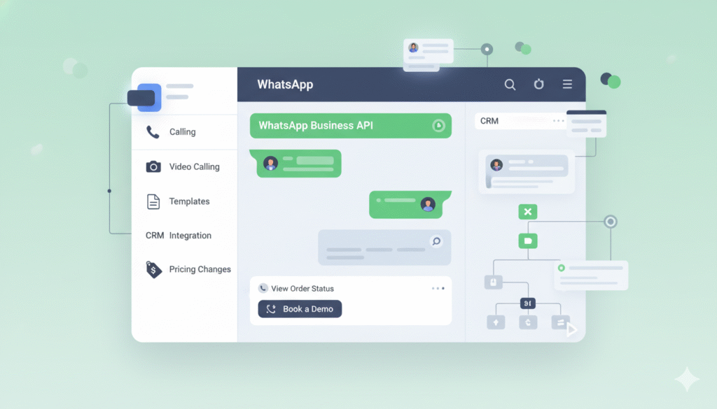 Illustration of WhatsApp Business API showing voice and video calling features.