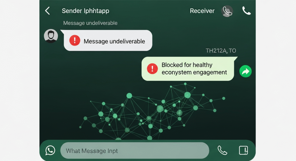 WhatsApp interface showing message blocked due to healthy ecosystem engagement.