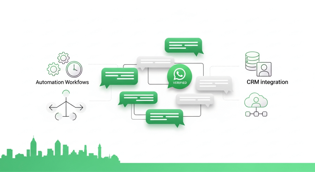 Illustration of WhatsApp API tools with automation and CRM integration for businesses in Bhubaneswar