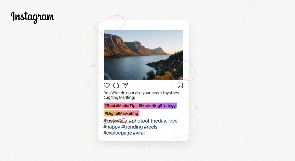 Illustration of an Instagram post showing 3–5 hashtags with algorithm icons in the background