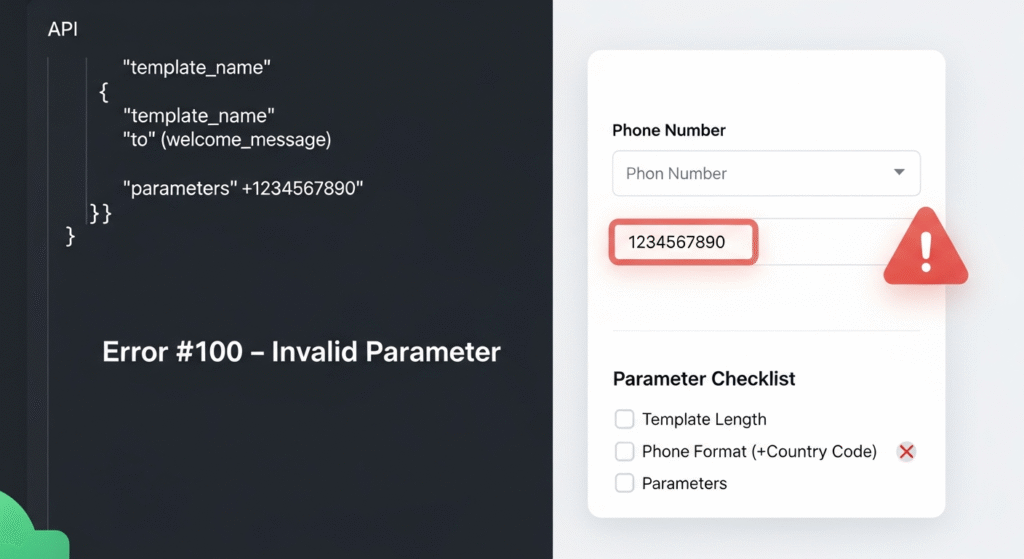 Illustration showing template limits and phone number formatting causing WhatsApp Error #100.
