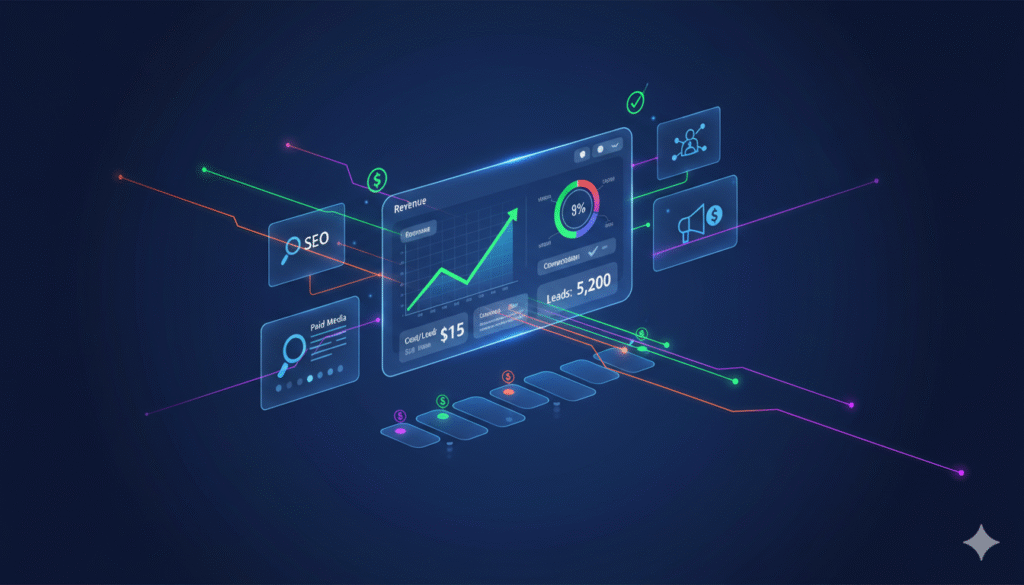 Digital marketing analytics dashboard showing ROI measurement beyond website traffic, including leads, conversions, revenue graphs, and multi-channel performance metrics.