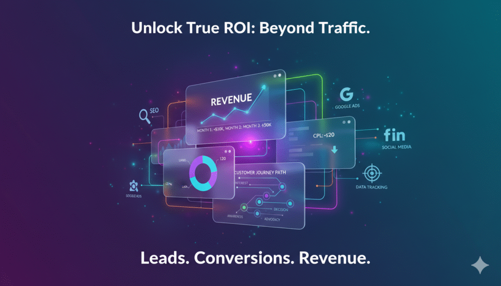 Digital marketing analytics dashboard showing ROI beyond traffic, including leads, conversions, revenue graphs, and multi-channel performance metrics.
