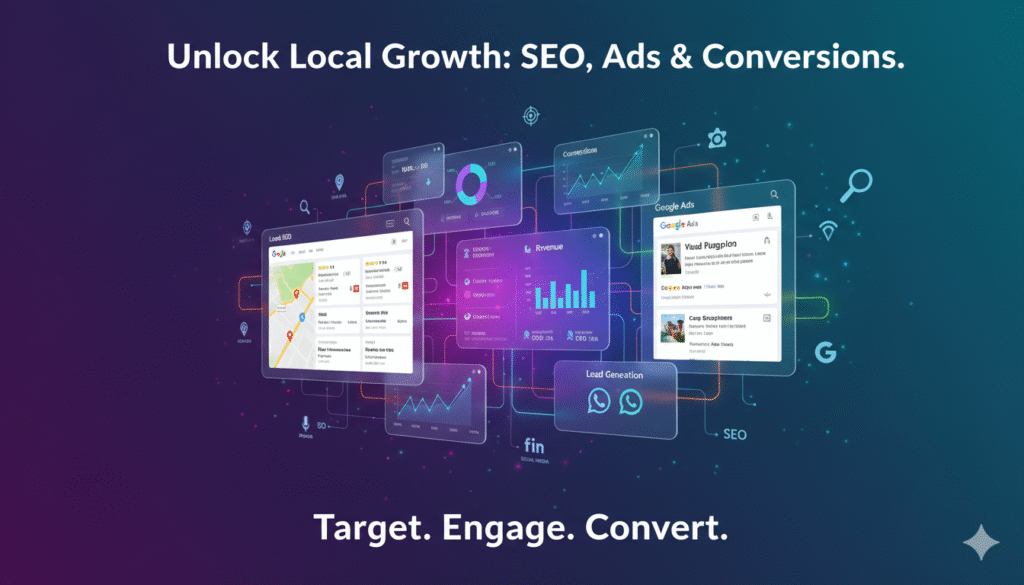 Visual showing Local SEO, Google Ads, and conversion optimization working together to generate calls, WhatsApp leads, and website inquiries.