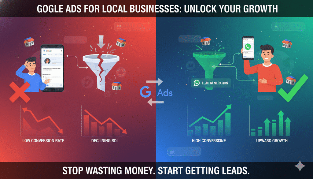 Illustration showing why Google Ads fail for local businesses, with low-conversion ads on one side and optimized Google Ads generating calls and leads on the other.