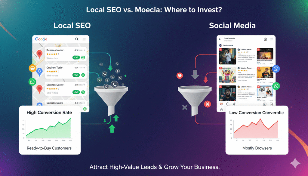 Split-screen image comparing Local SEO generating calls and leads versus social media engagement with likes but fewer conversions.