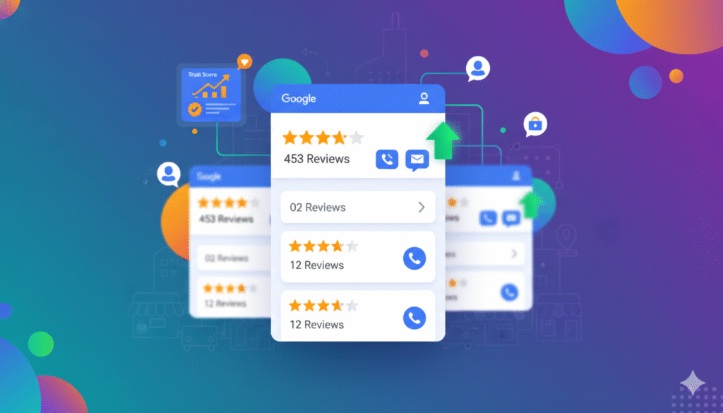 Google Maps listings showing higher local rankings driven by strong Google reviews and star ratings compared to lower-ranked businesses.