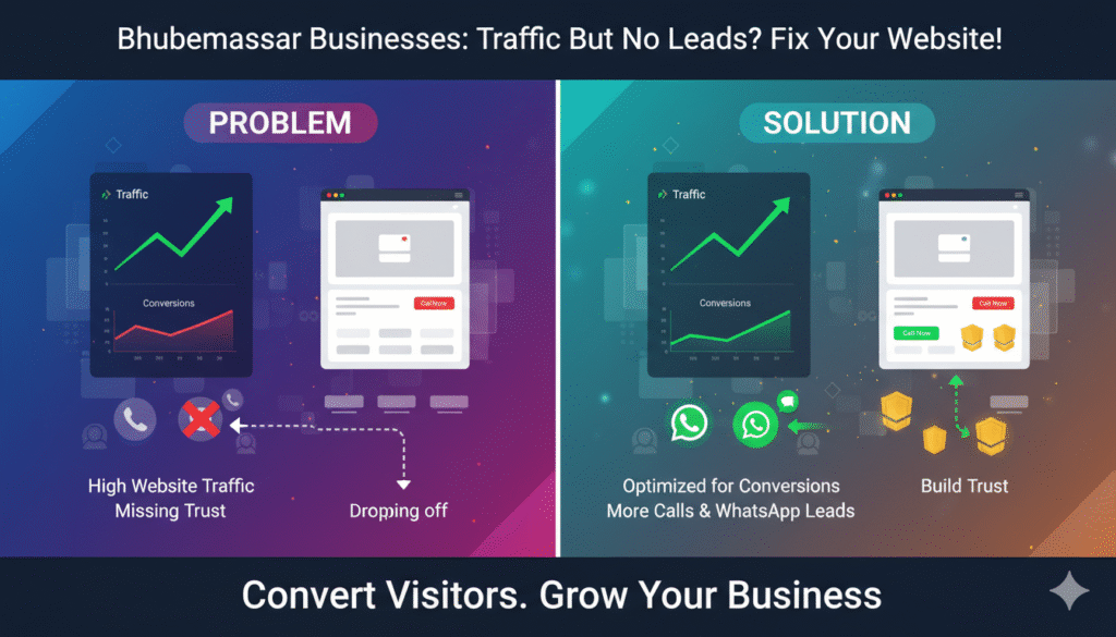 Local businesses in Bhubaneswar getting website traffic but losing leads, shown by rising traffic analytics and low call and WhatsApp activity
