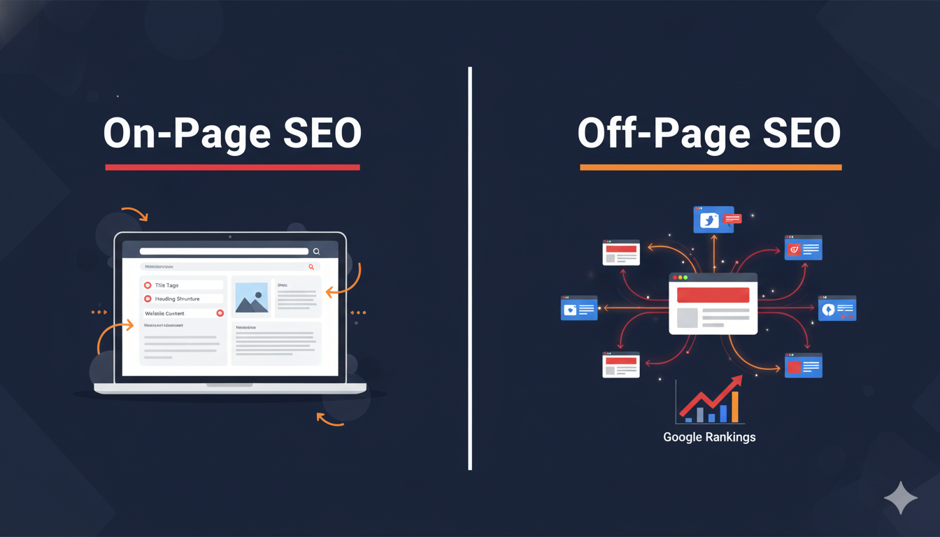 On-page SEO vs off-page SEO comparison for Bhubaneswar businesses — Prominds Digital explains the difference and which SEO strategy matters more for ranking on Google in 2026