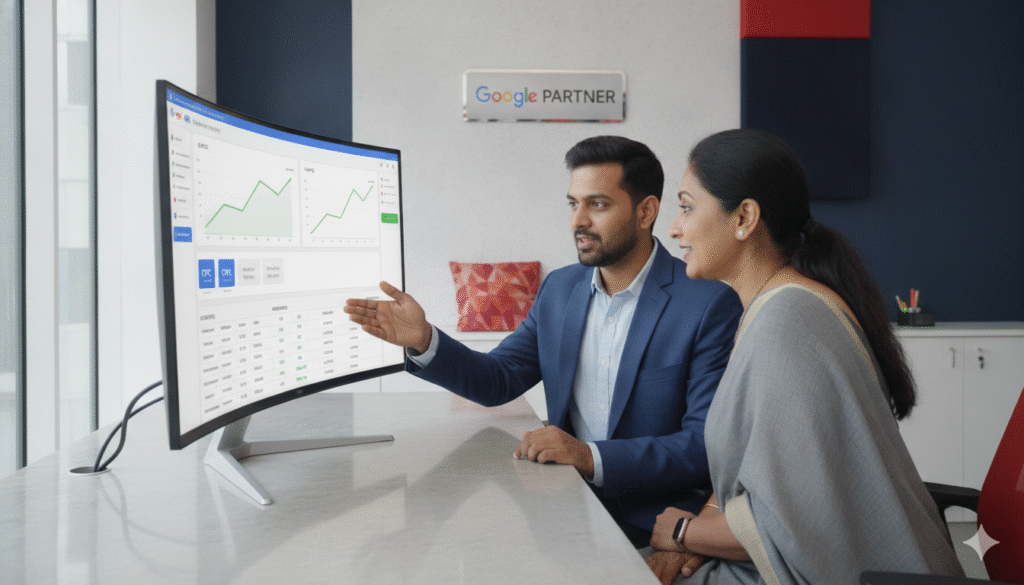 Google Ads agency in Bhubaneswar — Prominds Digital Google Ads specialist managing PPC campaigns for local businesses in Odisha showing campaign performance and lead generation results 2026