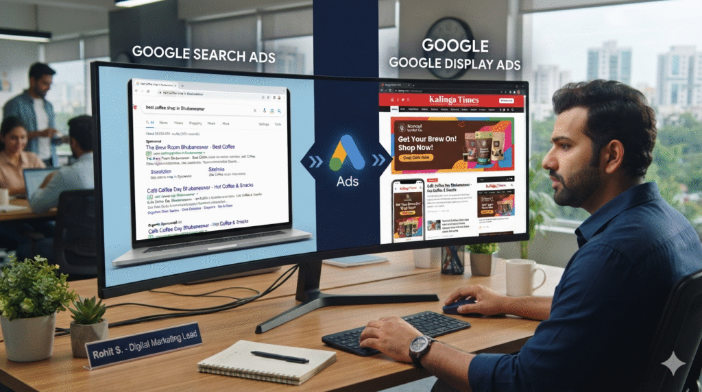 Google Search Ads vs Google Display Ads comparison for Odisha businesses 2026 — Prominds Digital explains which type of Google Ads works better for businesses in Bhubaneswar and across Odisha