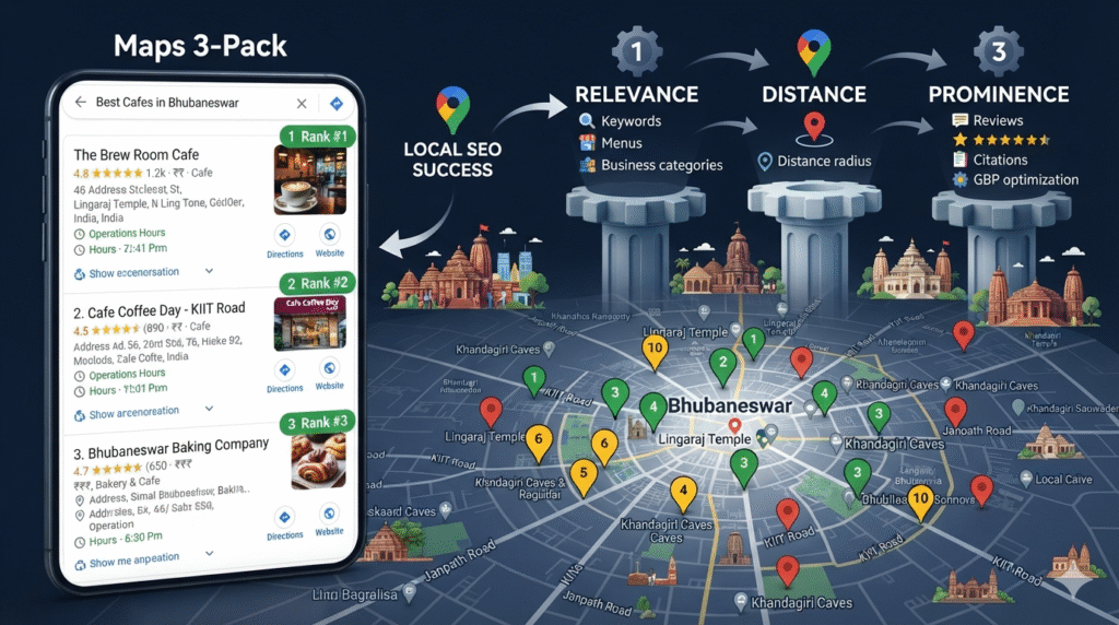 How Google Maps algorithm works for local businesses in Bhubaneswar 2026 — Prominds Digital explains relevance distance and prominence ranking factors and how to rank in the Google Maps 3-Pack in Odisha