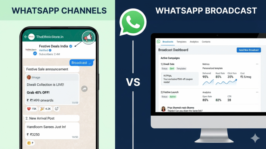 WhatsApp Channels vs WhatsApp Broadcast comparison for marketing in India 2026 — Prominds Digital explains the difference between WhatsApp Channels and WhatsApp Broadcast and which works better for Indian businesses
