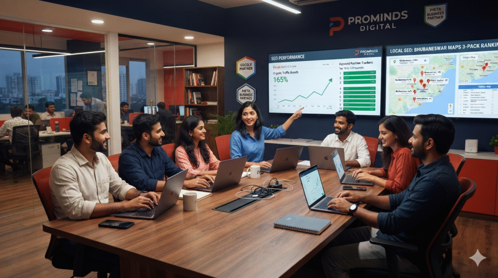 SEO services in Bhubaneswar and Odisha — Prominds Digital professional SEO team delivering search engine optimization local SEO Google Maps ranking and content strategy for businesses across Odisha 2026