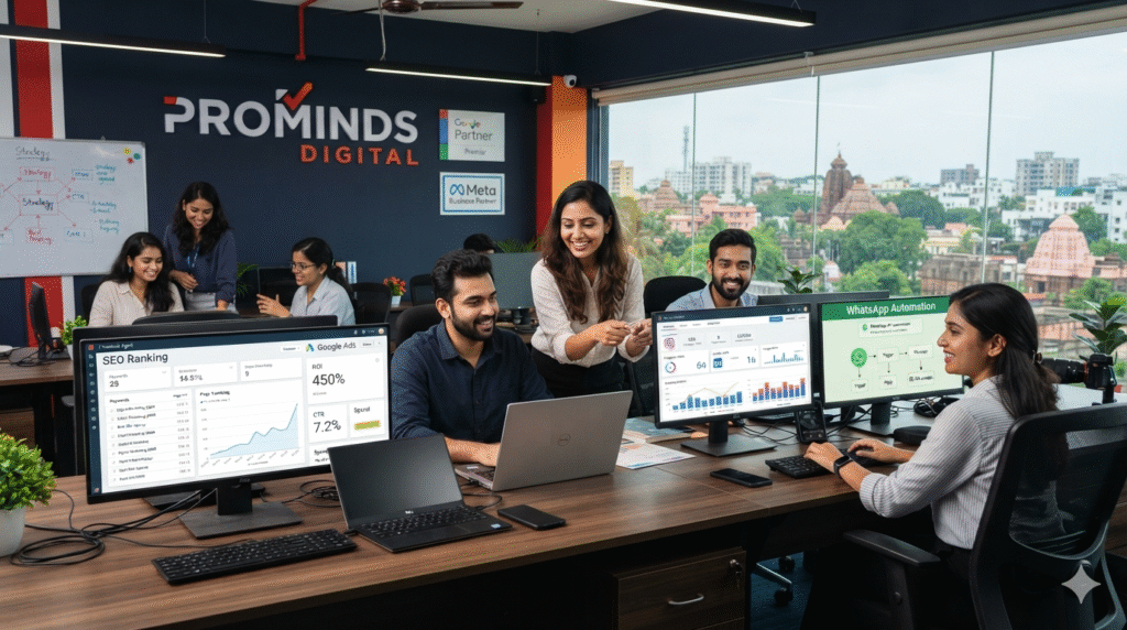 Best digital marketing agency in BBSR Bhubaneswar — Prominds Digital top rated digital marketing team offering SEO Google Ads Social Media WhatsApp API and Branding services for businesses across Odisha 2026